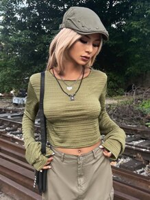 SHEIN ICON Grunge Solid Round Neck Top - Army Green - View 6