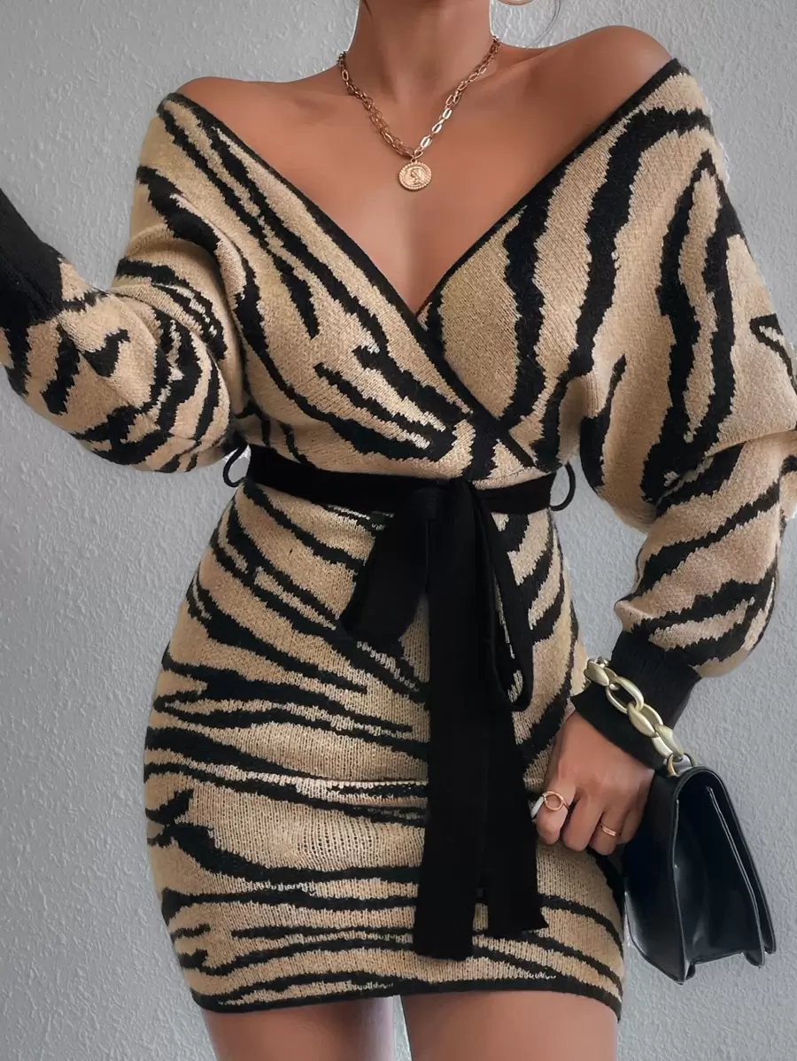 Elenzga Zebra Striped Pattern Batwing Sleeve Belted Jumper Dress - Apricot - View 1