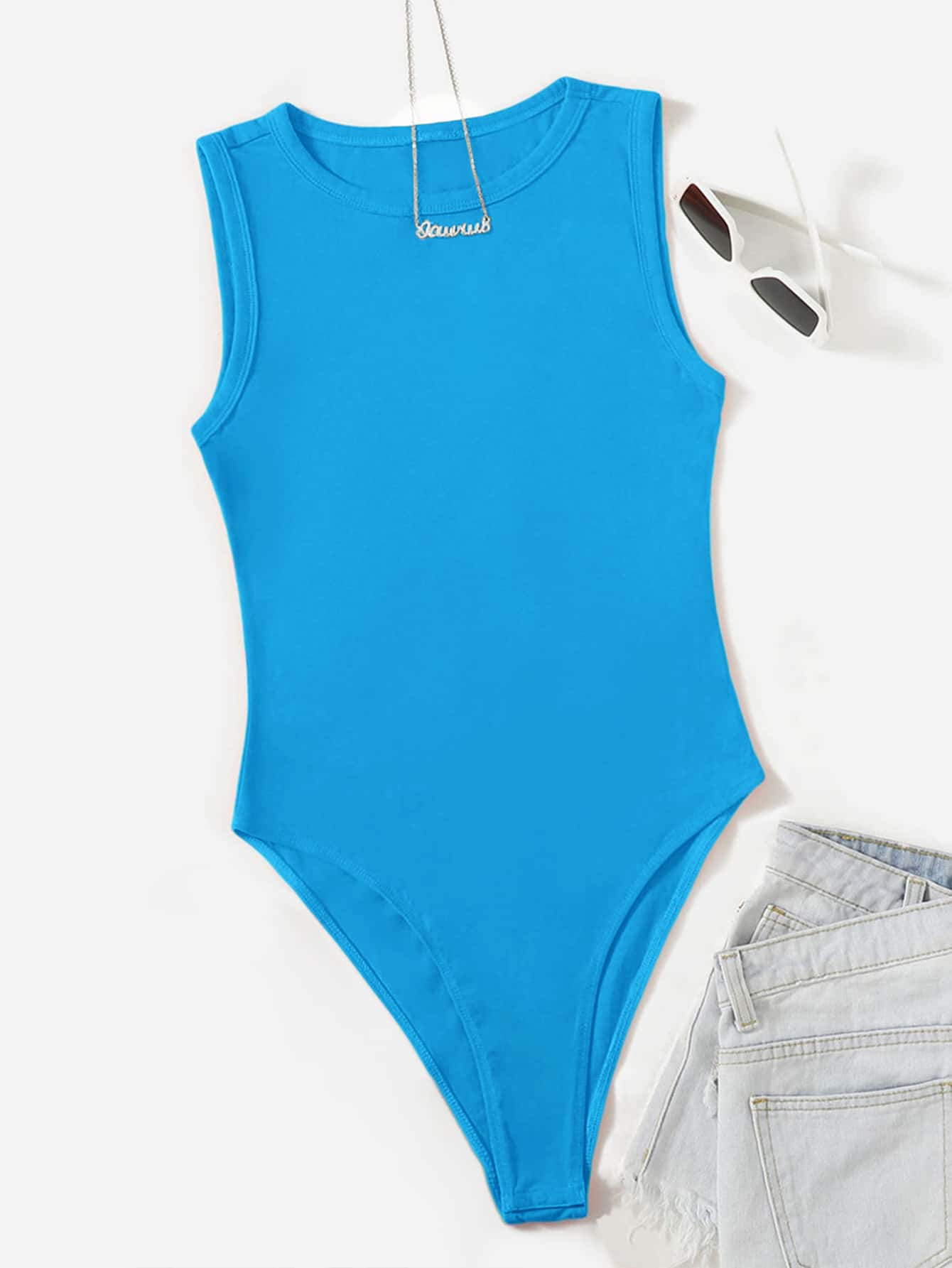 SHEIN EZwear Solid Skinny Bodysuit - Blue - View 1