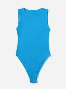 SHEIN EZwear Solid Skinny Bodysuit - Blue - View 3