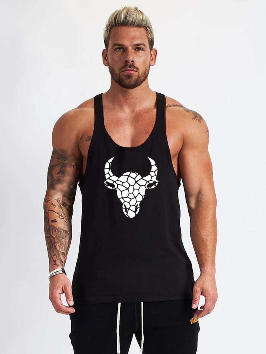 Fitness Camiseta de tirantes estilo novio de hombre con estampado de cabeza de ganado, top deportivo para entrenamiento - Negro - Ver 1