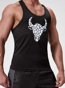 Fitness Camiseta de tirantes estilo novio de hombre con estampado de cabeza de ganado, top deportivo para entrenamiento - Negro - Ver 6