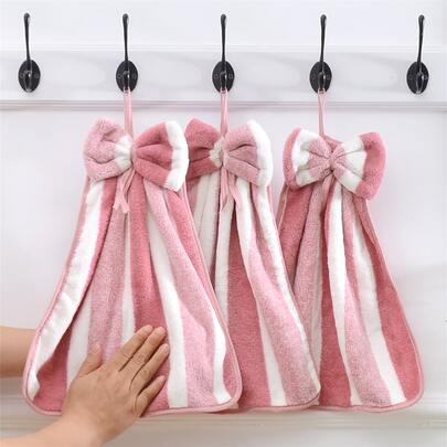 3pcs/Pack Coral Fleece Creative Striped Bow Soft Absorbent Hand Towels With Hanging Loop Dish Cloths Kitchen Towel