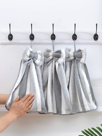 3pcs/Pack Coral Fleece Creative Striped Bow Soft Absorbent Hand Towels With Hanging Loop Dish Cloths Kitchen Towel
