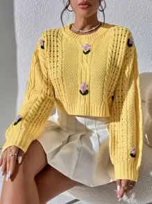 SHEIN Unity 花卉刺绣镂空针织落肩毛衣、长袖上衣 - 黃色 - 查看 3