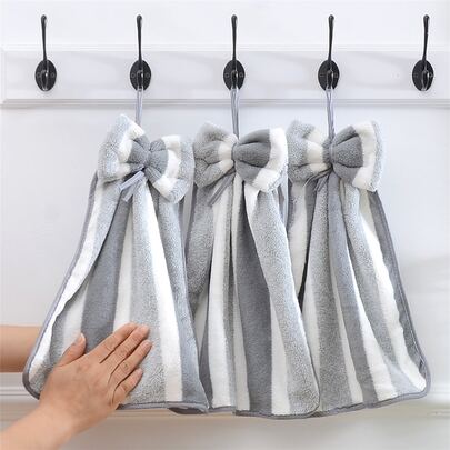 3pcs/Pack Coral Fleece Creative Striped Bow Soft Absorbent Hand Towels With Hanging Loop Dish Cloths Kitchen Towel