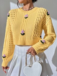 SHEIN Unity 花卉刺绣镂空针织落肩毛衣、长袖上衣 - 黃色 - 查看 4