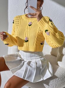 SHEIN Unity 花卉刺绣镂空针织落肩毛衣、长袖上衣 - 黃色 - 查看 5