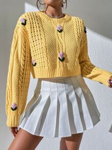 SHEIN Unity 花卉刺绣镂空针织落肩毛衣、长袖上衣 - 黃色 - 查看 6