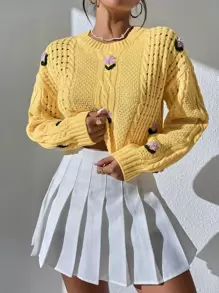 SHEIN Unity 花卉刺绣镂空针织落肩毛衣、长袖上衣 - 黃色 - 查看 7