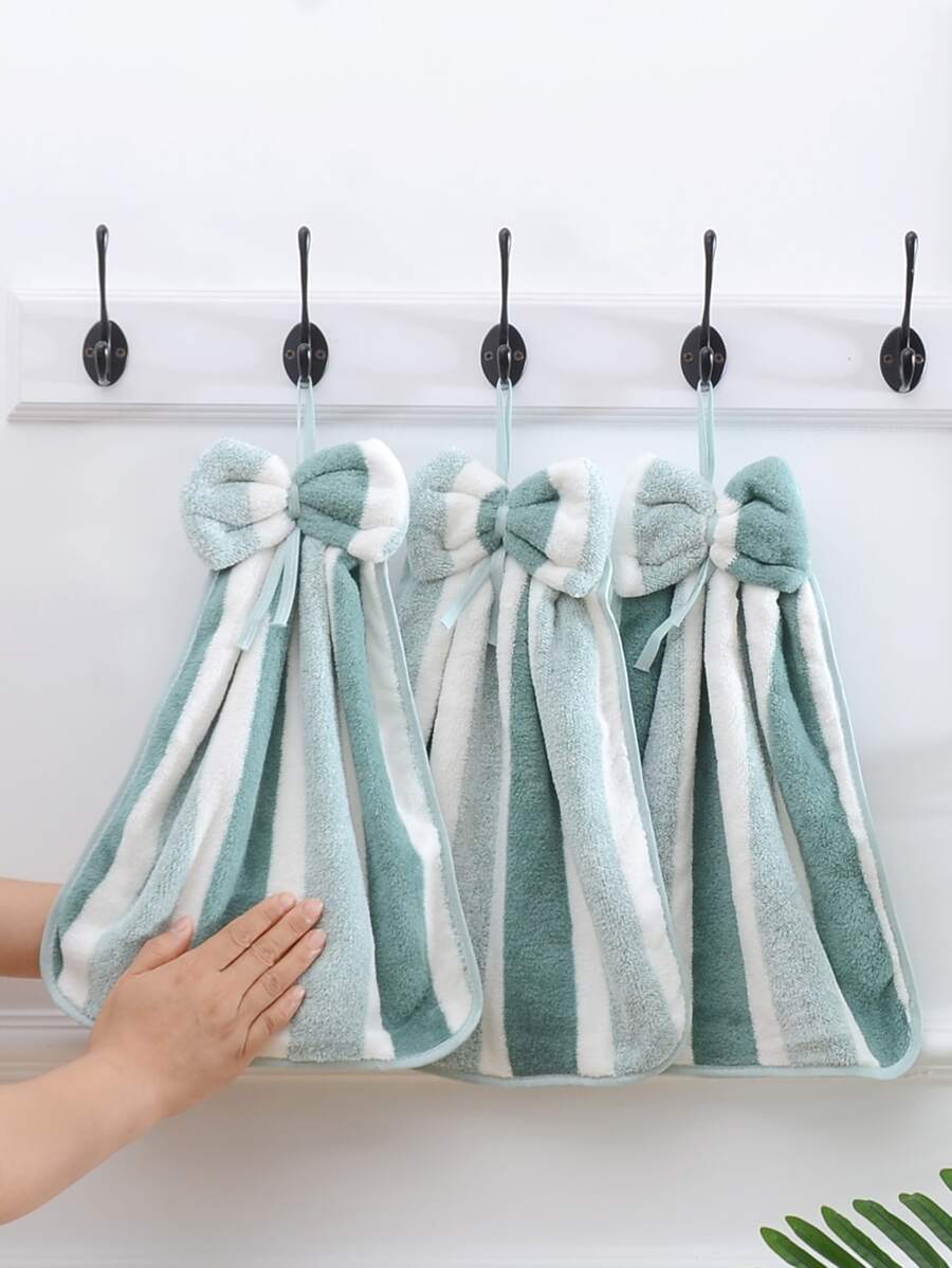 3 chiếc/gói khăn lau tay mềm mại thấm hút họa tiết sọc nơ san hô sáng tạo có móc treo dùng cho nhà bếp - Nhiều màu - Xem 1