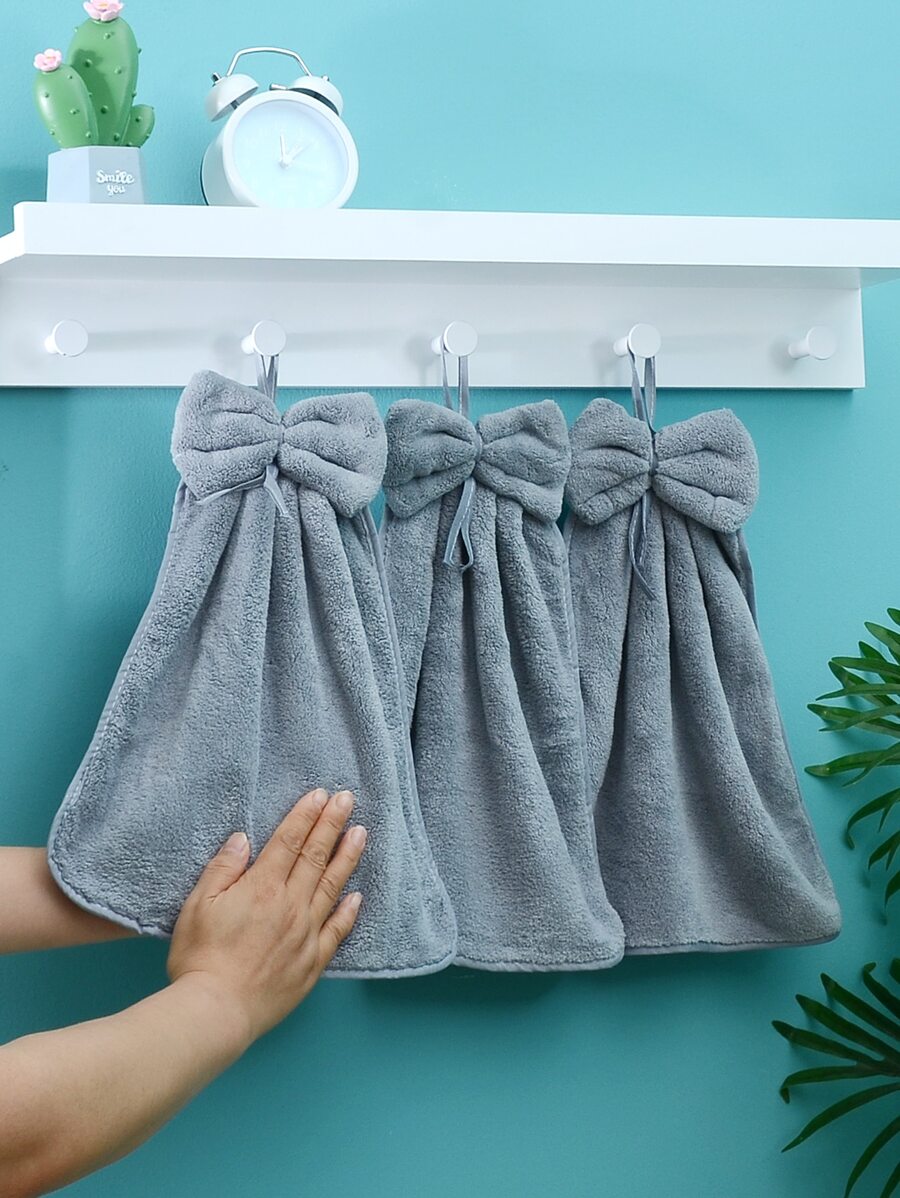 1pc Coral Fleece Creative Bow Style Soft Absorbent Hand Towel With Lanyard - Grey - View 1