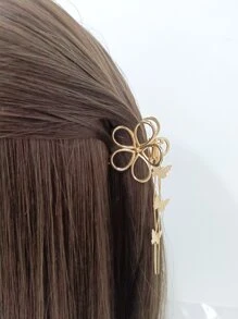 1pc Floral & Butterfly & Tassel Design Metal Hair Clip For Ladies, Daily Use - Gold - View 1