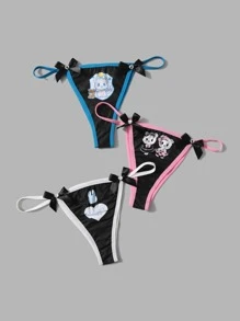ROMWE Kawaii 3pack Cartoon Graphic Contrast Binding Bow Decor Panty Set - Multicolor - View 1