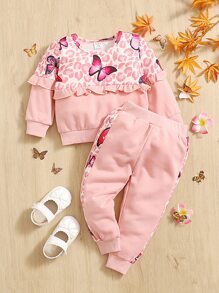 嬰兒蝴蝶圖案荷葉邊衛衣和衛褲 - 淺粉色 - 查看 1