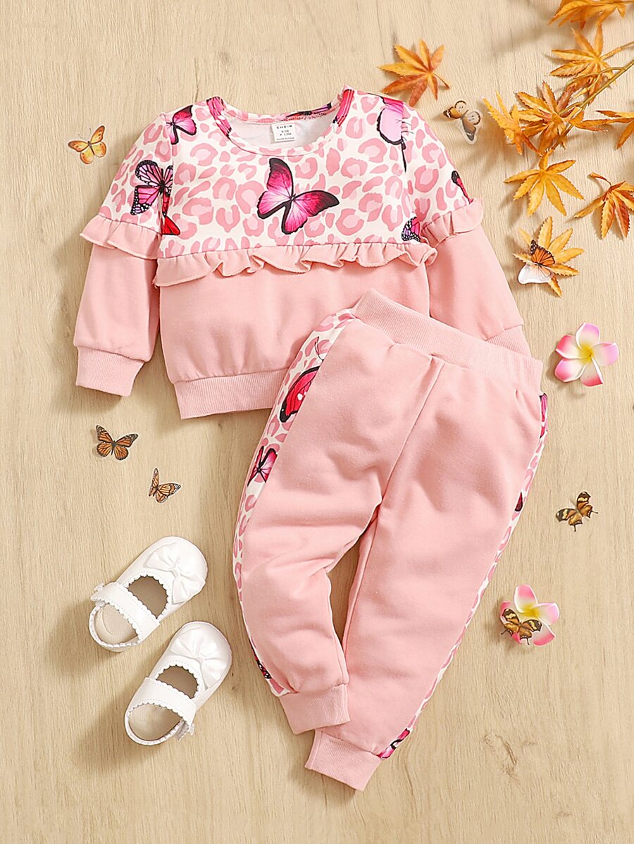 嬰兒蝴蝶圖案荷葉邊衛衣和衛褲 - 淺粉色 - 查看 1