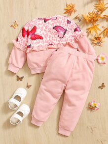 嬰兒蝴蝶圖案荷葉邊衛衣和衛褲 - 淺粉色 - 查看 2