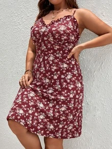 SHEIN Unity 大碼碎花褶邊吊帶連衣裙 - 酒紅色 - 查看 4