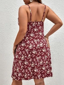 SHEIN Unity 大碼碎花褶邊吊帶連衣裙 - 酒紅色 - 查看 5