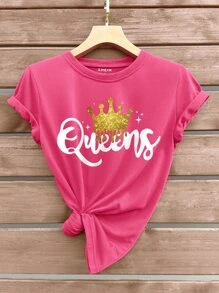 SHEIN LUNE Crown And Letter Graphic Tee - Hot Pink - View 1