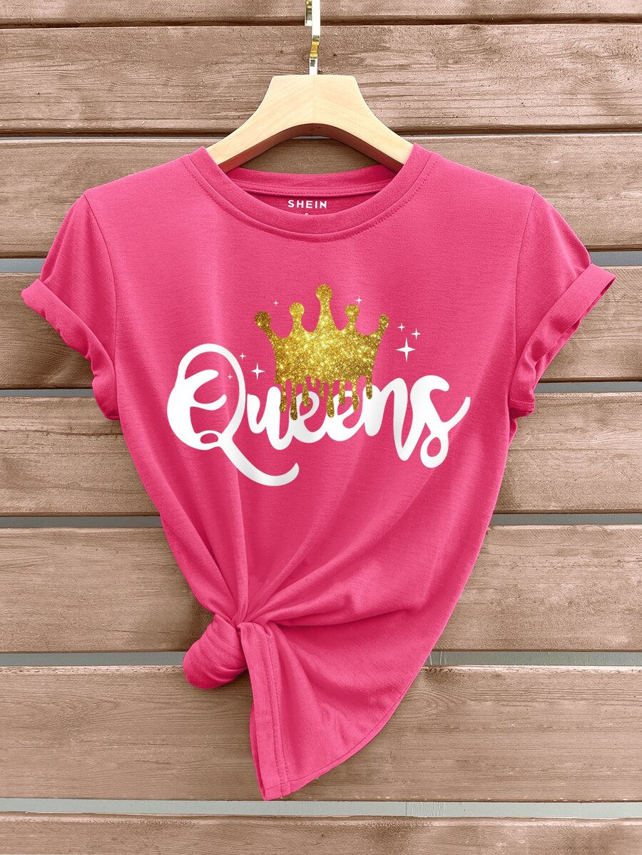 SHEIN LUNE Crown And Letter Graphic Tee - Hot Pink - View 1
