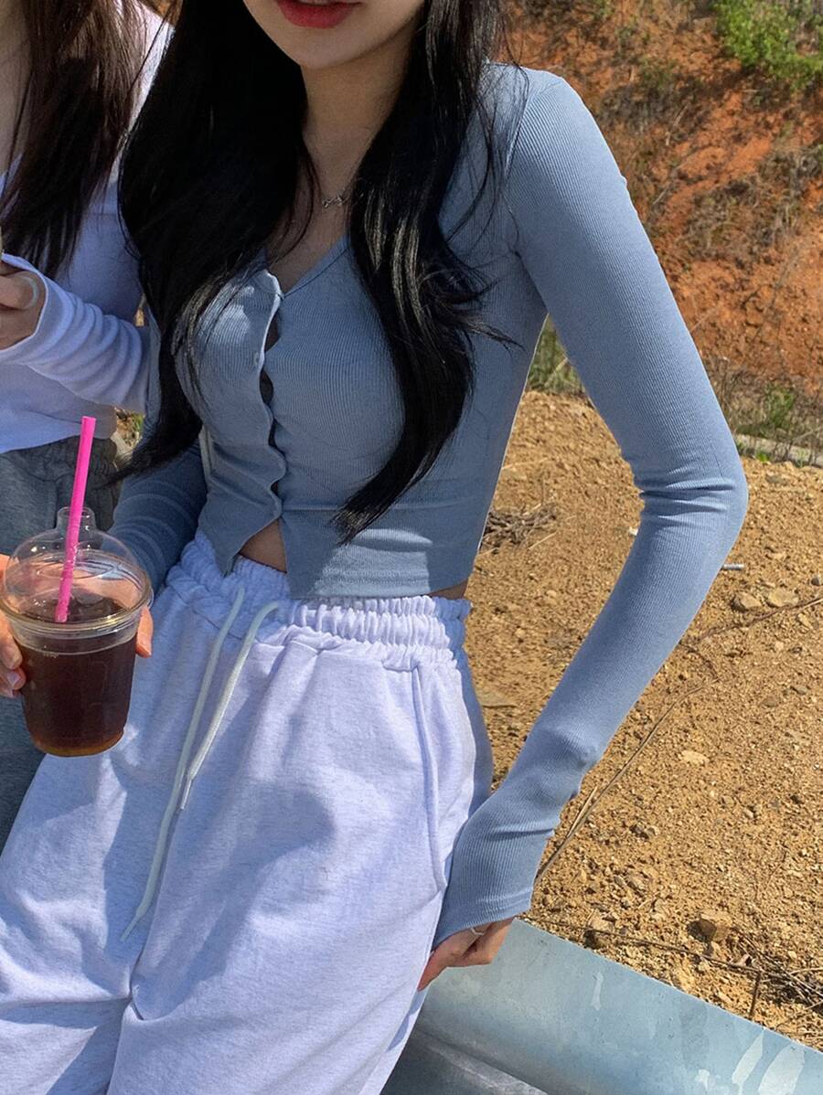 DAZY Áo thun nữ tay dài cài nút, quần áo nữ mùa thu - Màu xanh lam - Xem 1