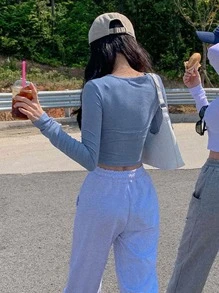 DAZY Áo thun nữ tay dài cài nút, quần áo nữ mùa thu - Màu xanh lam - Xem 2