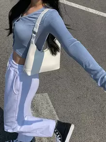 DAZY Áo thun nữ tay dài cài nút, quần áo nữ mùa thu - Màu xanh lam - Xem 3