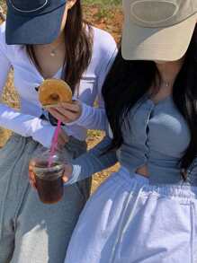 DAZY Áo thun nữ tay dài cài nút, quần áo nữ mùa thu - Màu xanh lam - Xem 4