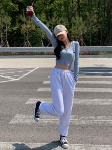 DAZY Áo thun nữ tay dài cài nút, quần áo nữ mùa thu - Màu xanh lam - Xem 6