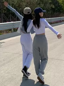 DAZY Áo thun nữ tay dài cài nút, quần áo nữ mùa thu - Màu xanh lam - Xem 7