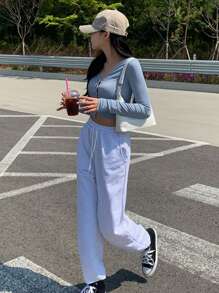 DAZY Áo thun nữ tay dài cài nút, quần áo nữ mùa thu - Màu xanh lam - Xem 8