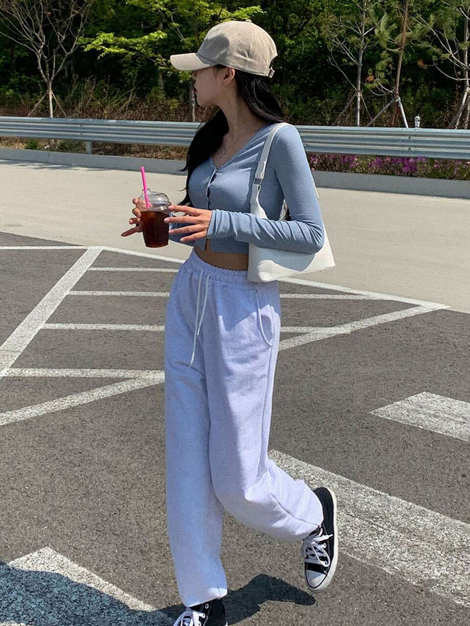 Solid Button Through Crop Tee Long Sleeve Women Tops,Fall Women Clothes