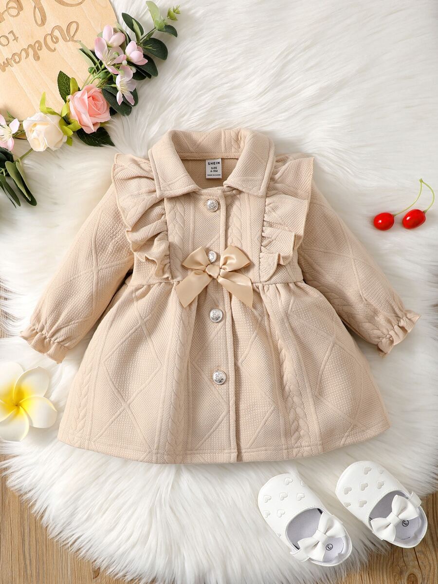 SHEIN Baby Ruffle Trim Flounce Sleeve Bow Front Coat - Apricot - View 1