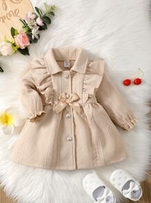 SHEIN Baby Ruffle Trim Flounce Sleeve Bow Front Coat - Apricot - View 3
