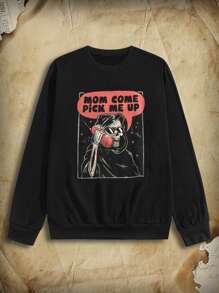 Eduely Dark Academia Guys Skeleton Print Sweatshirt - Black - View 1