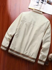 Manfinity Homme Áo khoác gió bomber họa tiết kẻ sọc rộng rãi cho nam (Không có áo phông), trơn, dành cho chồng, tay dài, đi làm, áo khoác bóng chày - Màu be - Xem 2