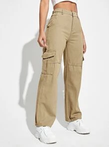 SHEIN EZwear 高腰翻蓋口袋工裝牛仔褲 - 卡其色 - 查看 3