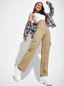 SHEIN EZwear 高腰翻蓋口袋工裝牛仔褲 - 卡其色 - 查看 4