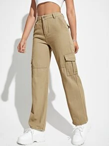 SHEIN EZwear 高腰翻蓋口袋工裝牛仔褲 - 卡其色 - 查看 5