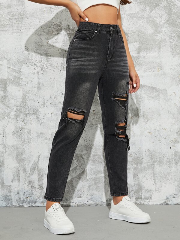 SHEIN EZwear High Waist Ripped Jeans SHEIN USA