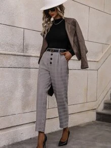 SHEIN LUNE Plaid Print Button Fly Tapered Trousers Without Belt - Grey - View 1