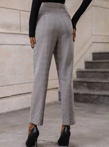 SHEIN LUNE Plaid Print Button Fly Tapered Trousers Without Belt - Grey - View 2