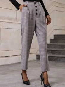 SHEIN LUNE Plaid Print Button Fly Tapered Trousers Without Belt - Grey - View 4
