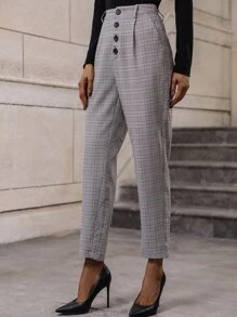 SHEIN LUNE Plaid Print Button Fly Tapered Trousers Without Belt - Grey - View 5