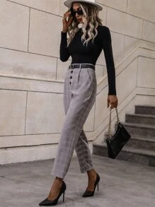 SHEIN LUNE Plaid Print Button Fly Tapered Trousers Without Belt - Grey - View 6