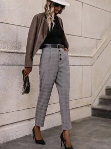 SHEIN LUNE Plaid Print Button Fly Tapered Trousers Without Belt - Grey - View 7