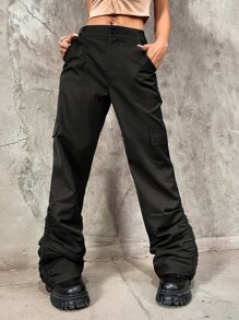 SHEIN ICON Solid Flap Pocket Cargo Parachute Trousers - Black - View 1