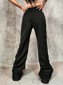 SHEIN ICON Solid Flap Pocket Cargo Parachute Trousers - Black - View 2