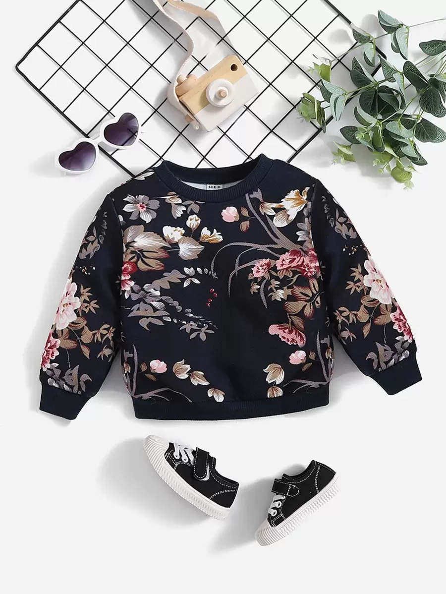 SHEIN 嬰兒女孩花卉印花運動衫 - 藏蓝色 - 查看 1
